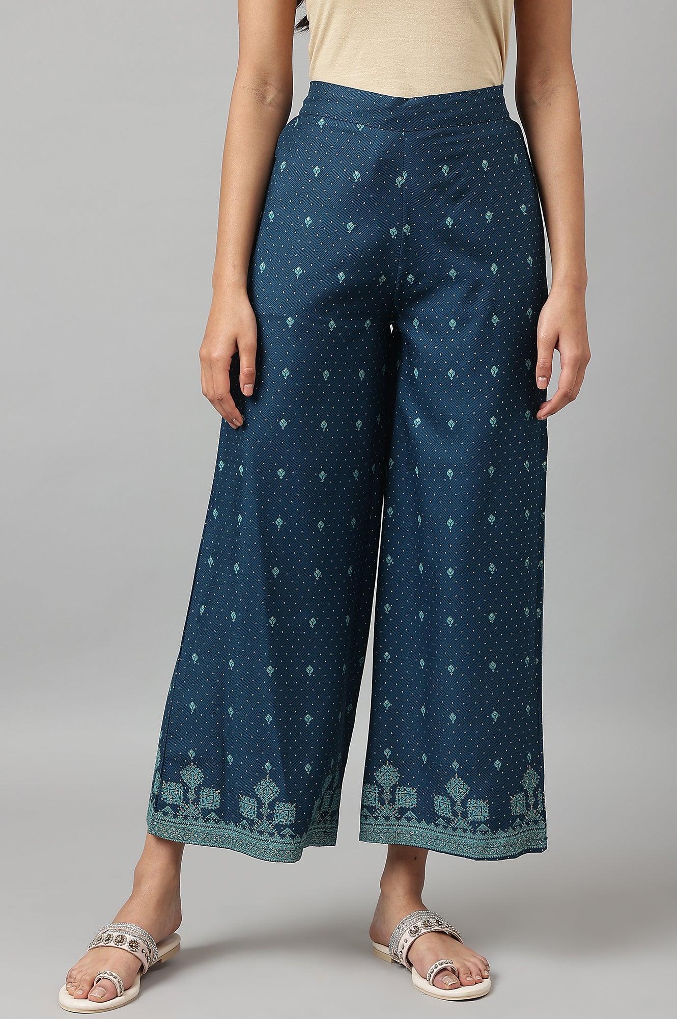 Dark Blue Rayon Printed Parallel Pants - wforwoman