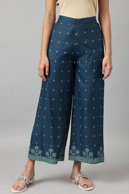 Dark Blue Rayon Printed Parallel Pants - wforwoman