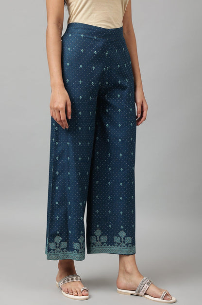 Dark Blue Rayon Printed Parallel Pants - wforwoman