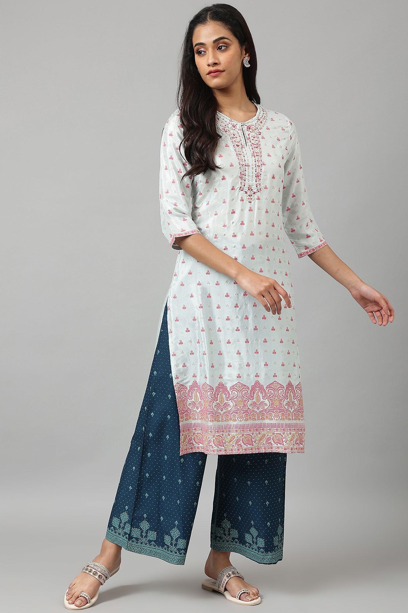 Dark Blue Rayon Printed Parallel Pants - wforwoman