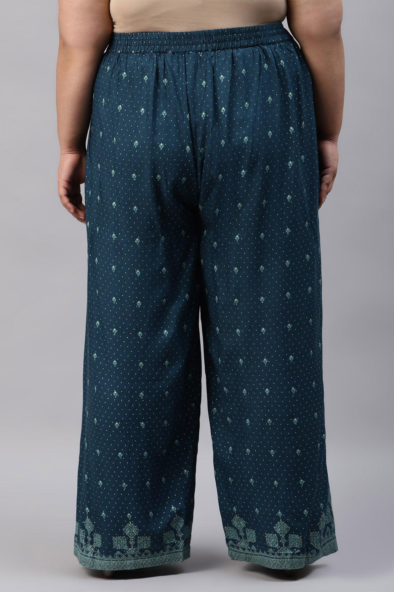 Plus Size Dark Blue Rayon Printed Parallel Pants - wforwoman