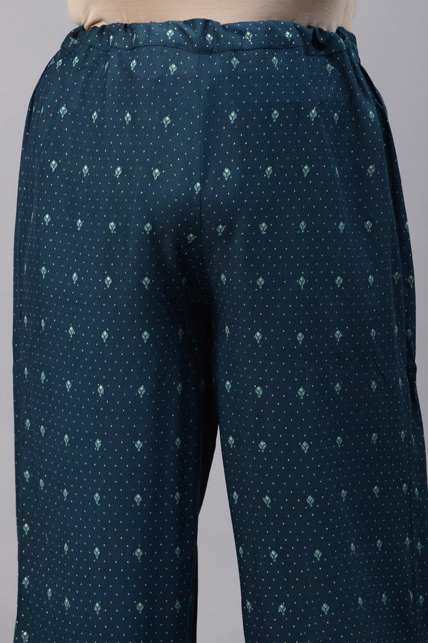 Plus Size Dark Blue Rayon Printed Parallel Pants