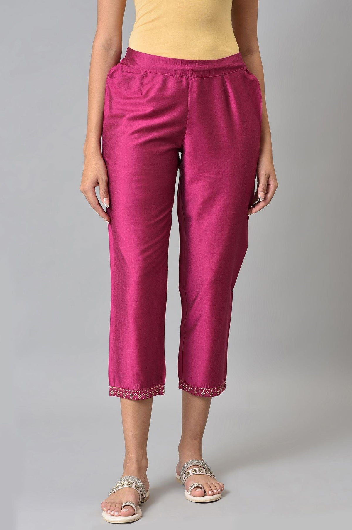 Dark Pink Women Pants With Printed Border - XS
