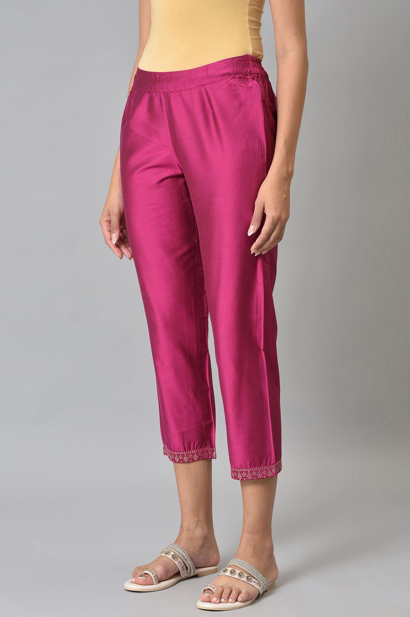 Dark Pink Women Pants With Printed Border - wforwoman