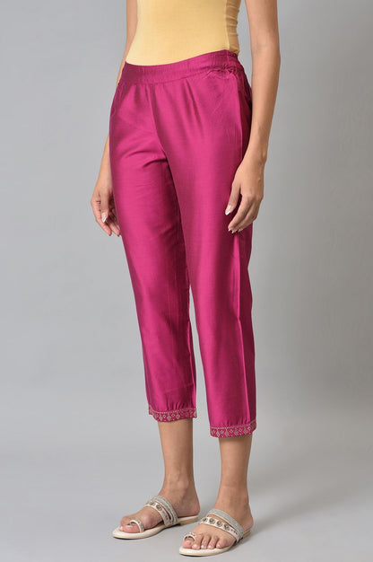 Dark Pink Women Pants With Printed Border - wforwoman