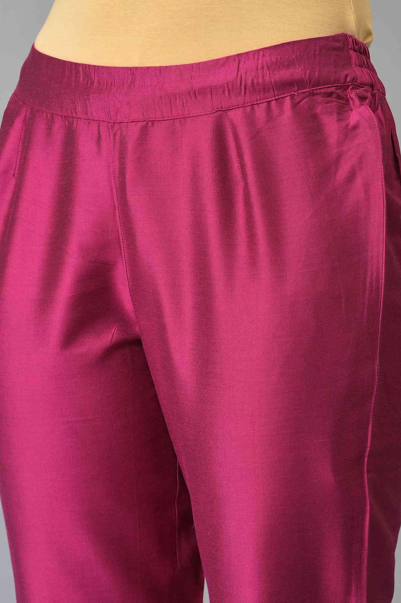 Dark Pink Women Pants With Printed Border - wforwoman