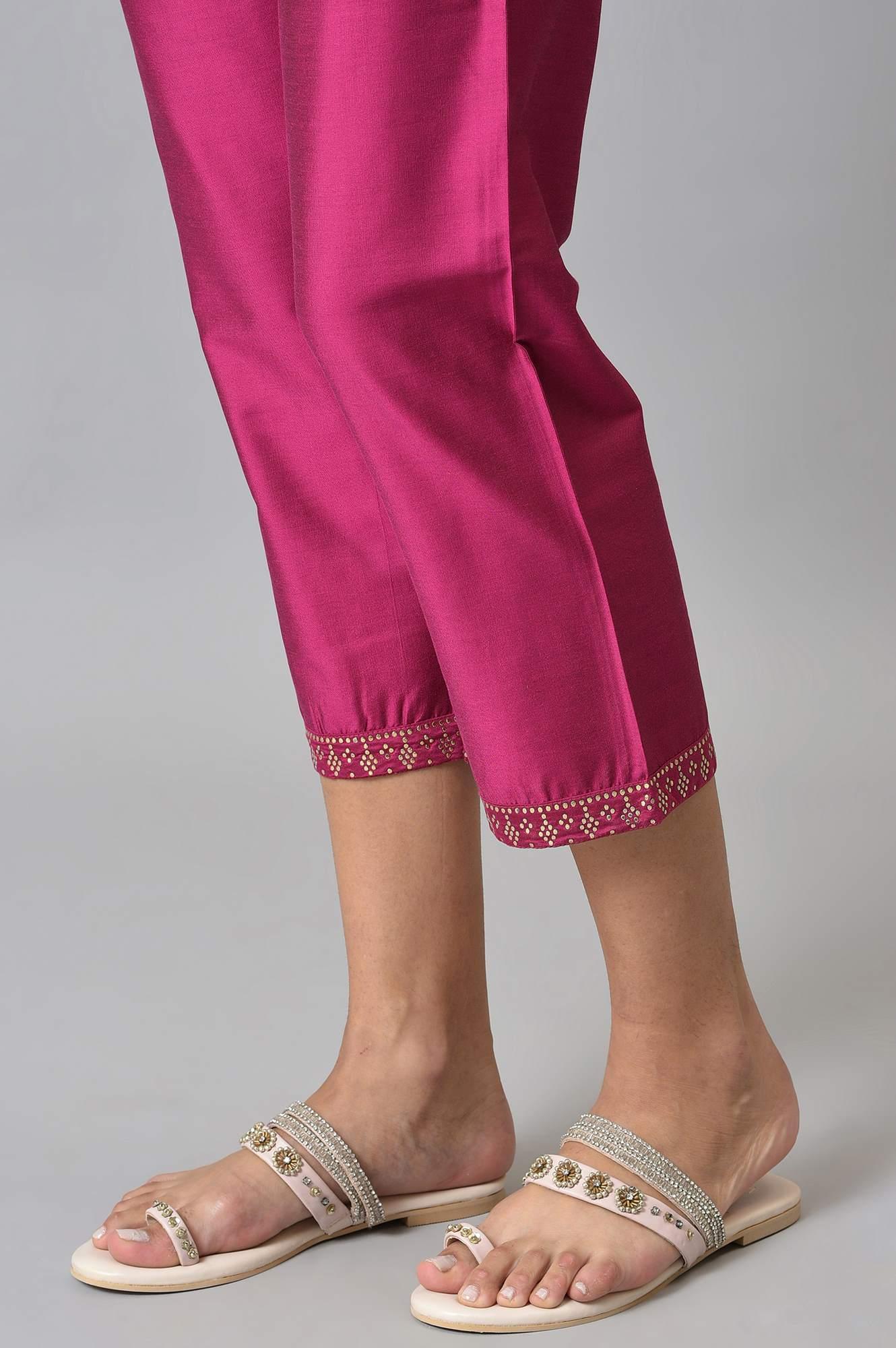Dark Pink Women Pants With Printed Border - wforwoman