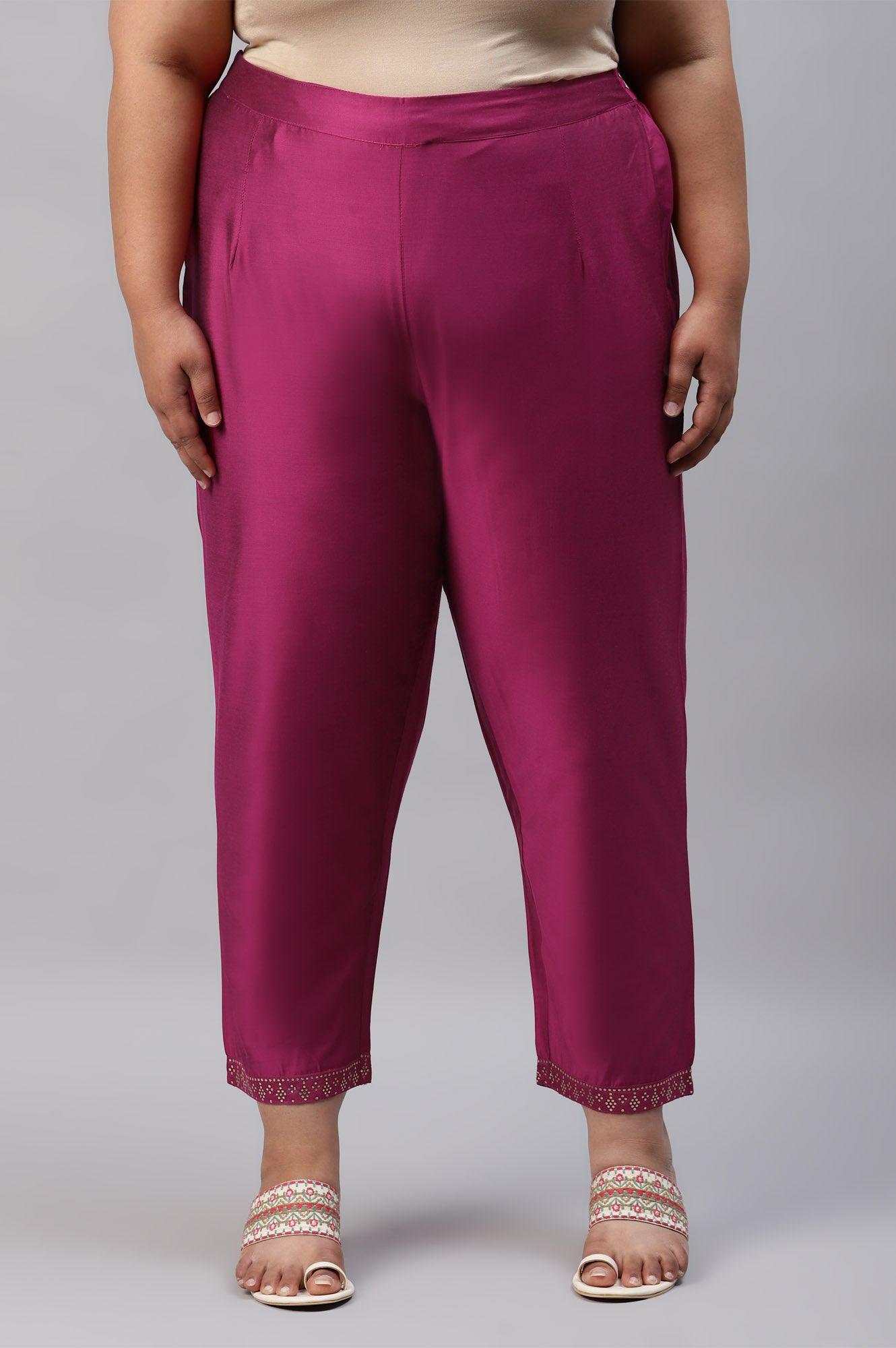 Dark Pink Women Plus Size Pants With Printed Border - wforwoman