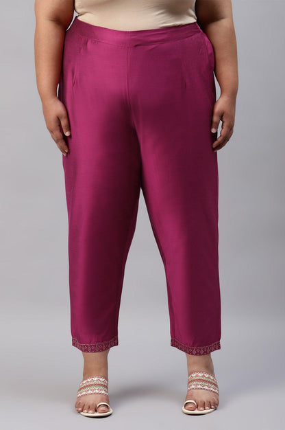 Dark Pink Women Plus Size Pants With Printed Border - wforwoman