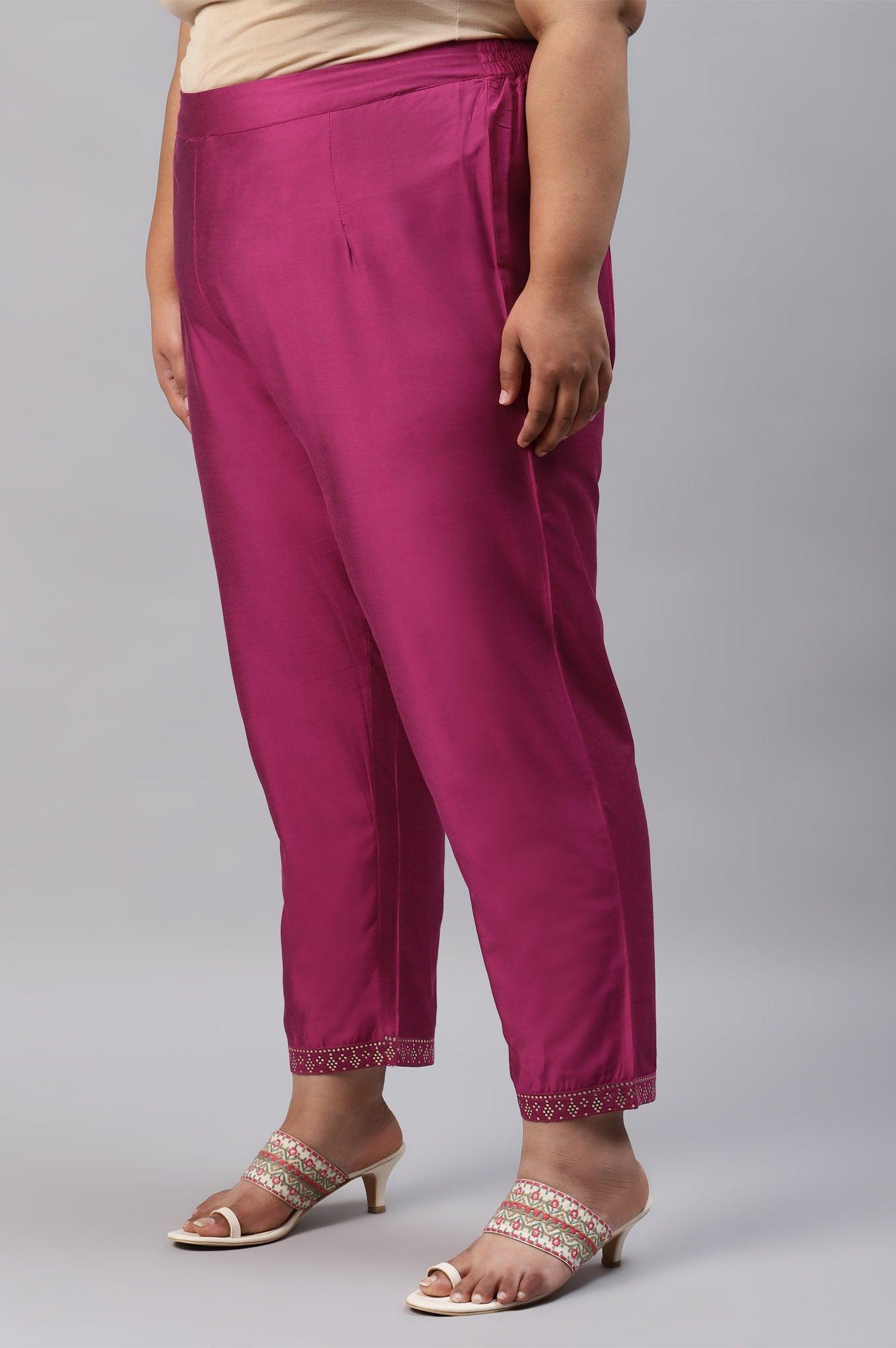 Dark Pink Women Plus Size Pants With Printed Border - wforwoman