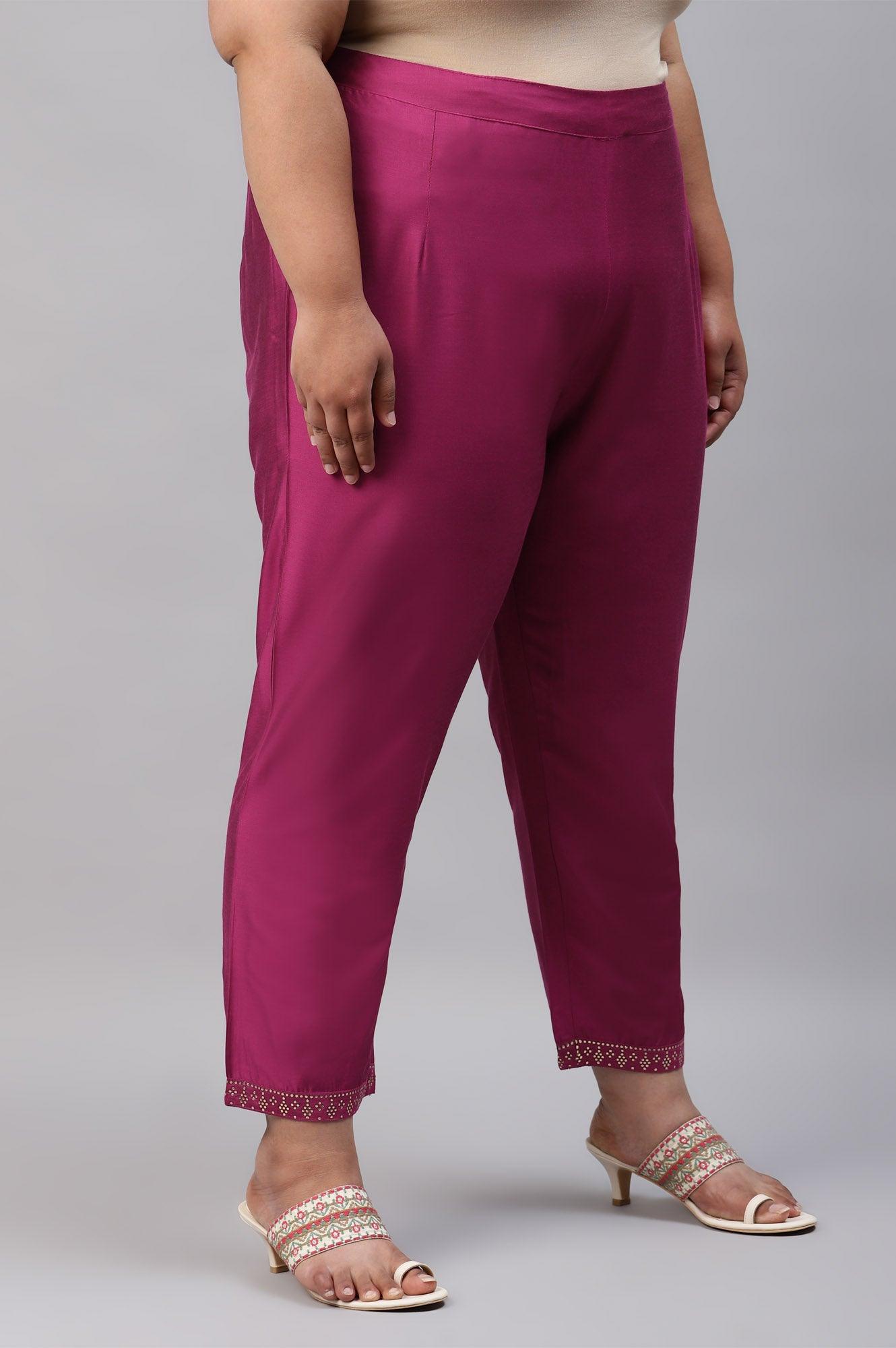 Dark Pink Women Plus Size Pants With Printed Border - wforwoman