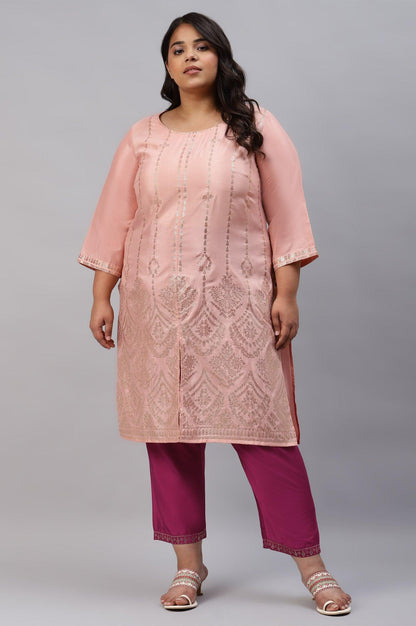 Dark Pink Women Plus Size Pants With Printed Border - wforwoman