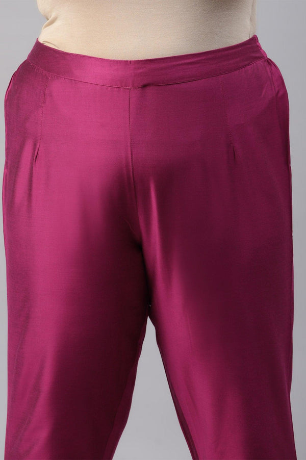 Dark Pink Women Plus Size Pants With Printed Border