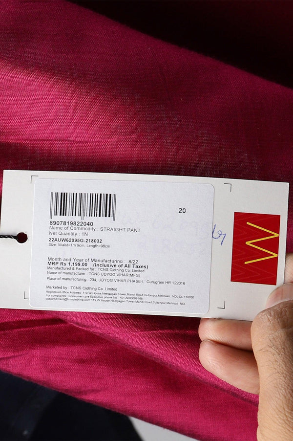 Dark Pink Women Plus Size Pants With Printed Border