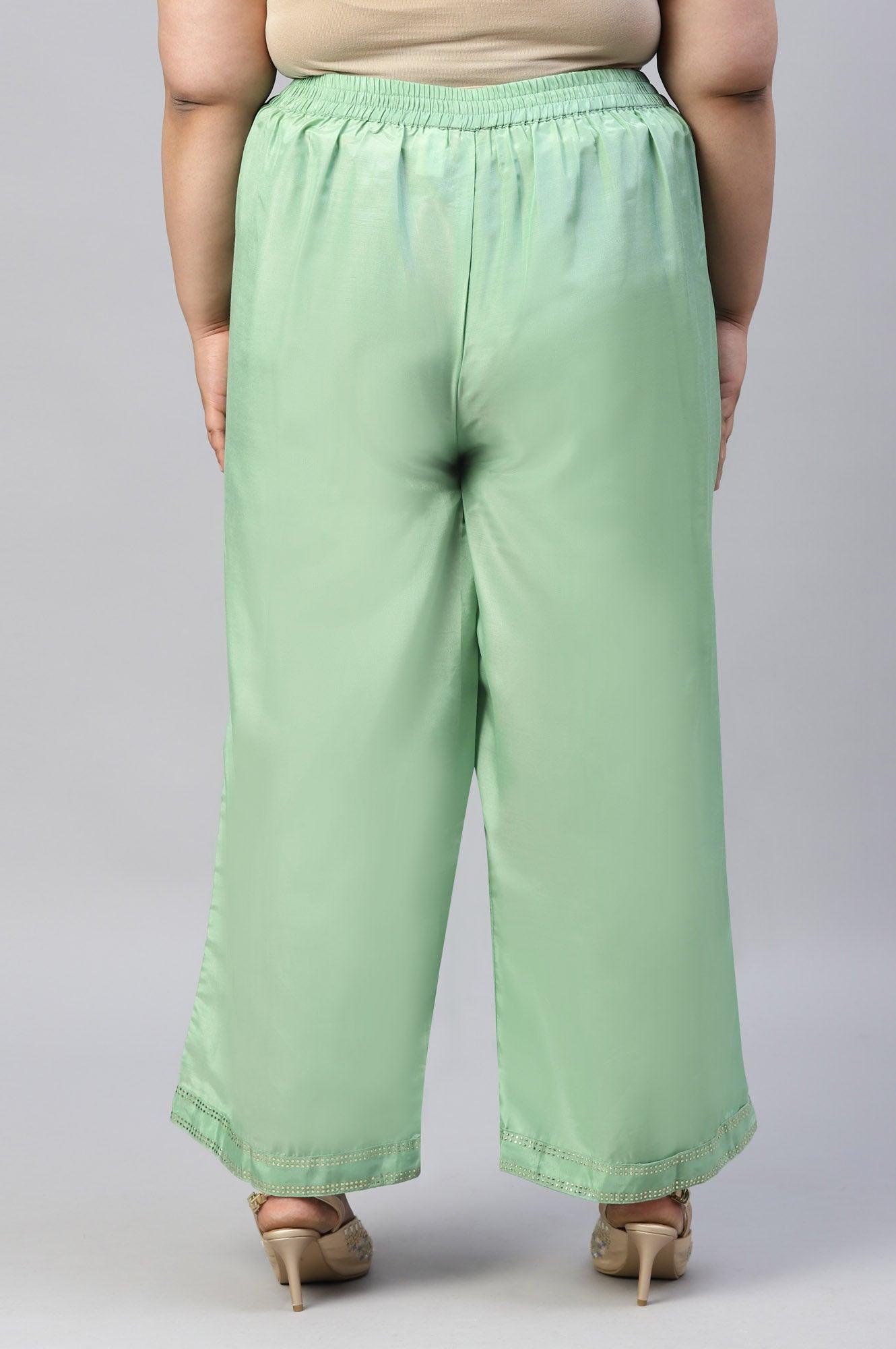 Green Solid Shantung Plus Size Parallel Pants - wforwoman