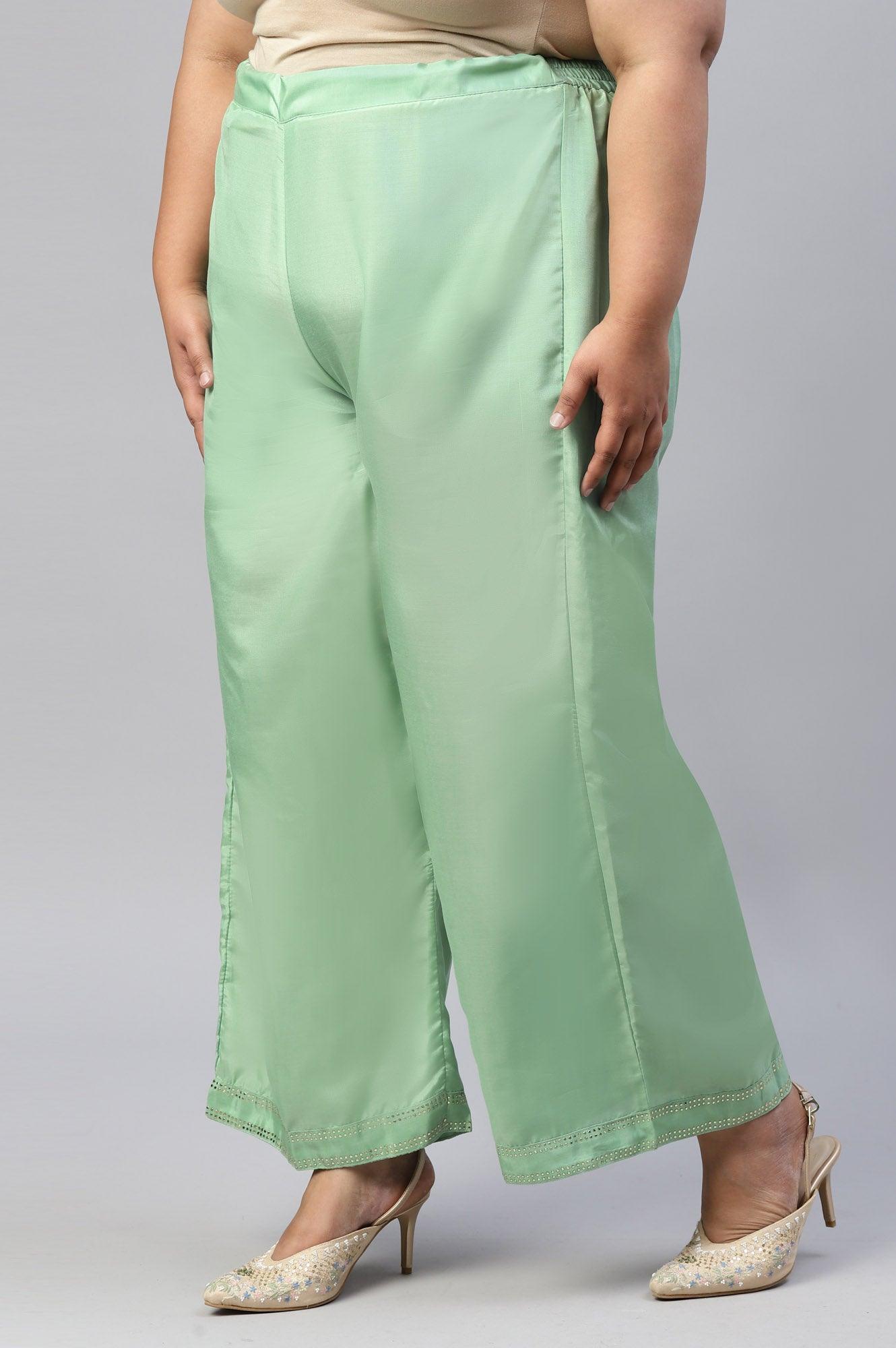 Green Solid Shantung Plus Size Parallel Pants - wforwoman