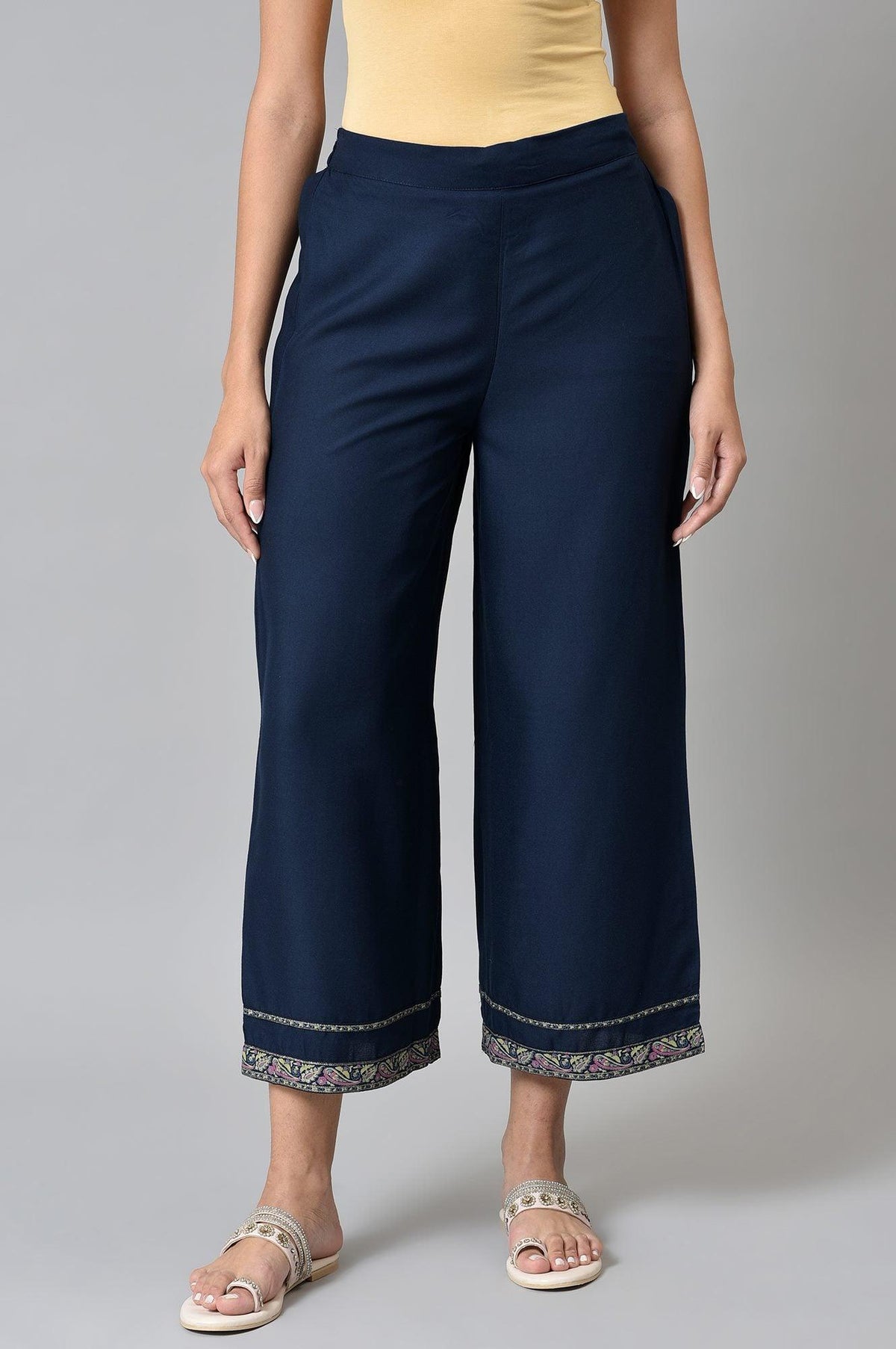 Dark Blue Rayon Straight Parallel Pants - XS