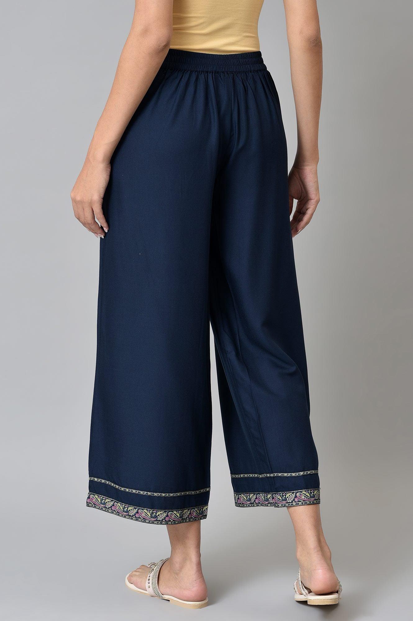 Dark Blue Rayon Straight Parallel Pants - wforwoman