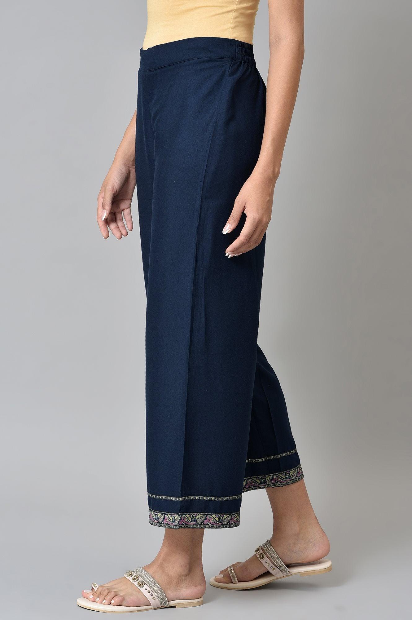Dark Blue Rayon Straight Parallel Pants - wforwoman