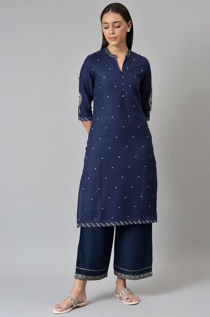 Dark Blue Rayon Straight Parallel Pants - wforwoman