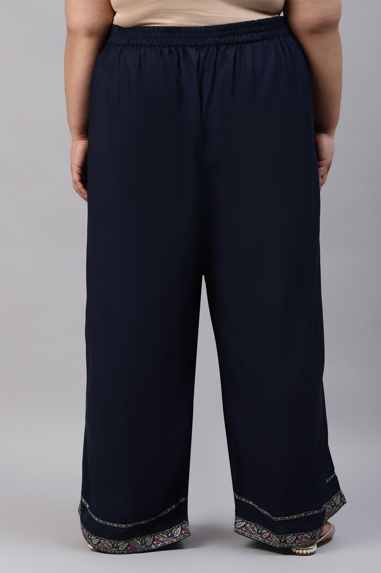 Plus Size Dark Blue Rayon Straight Parallel Pants - wforwoman