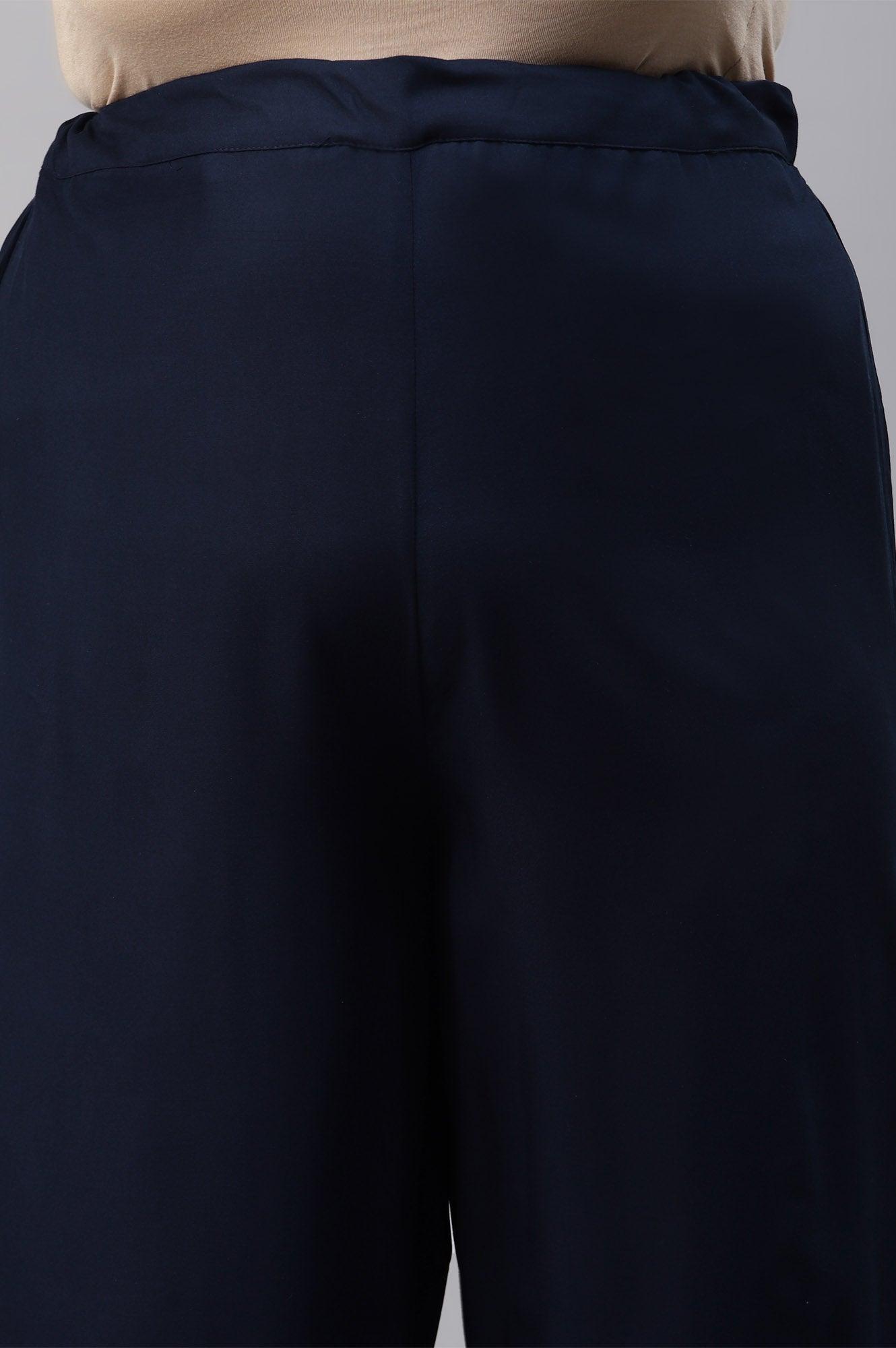 Plus Size Dark Blue Rayon Straight Parallel Pants - wforwoman