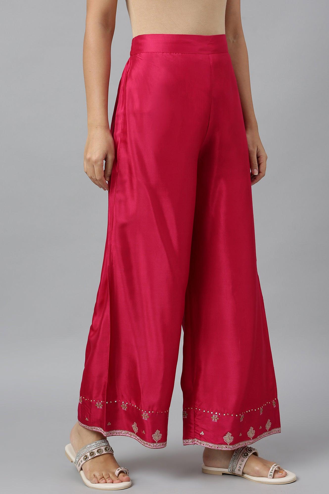 Dark Pink Shantung Straight Parallel Pants - wforwoman