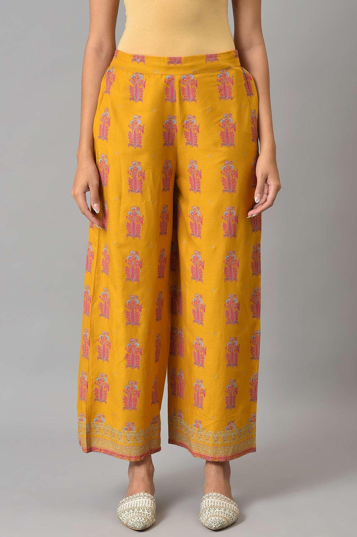 Mustard Rayon Printed Parallel Pants - XS