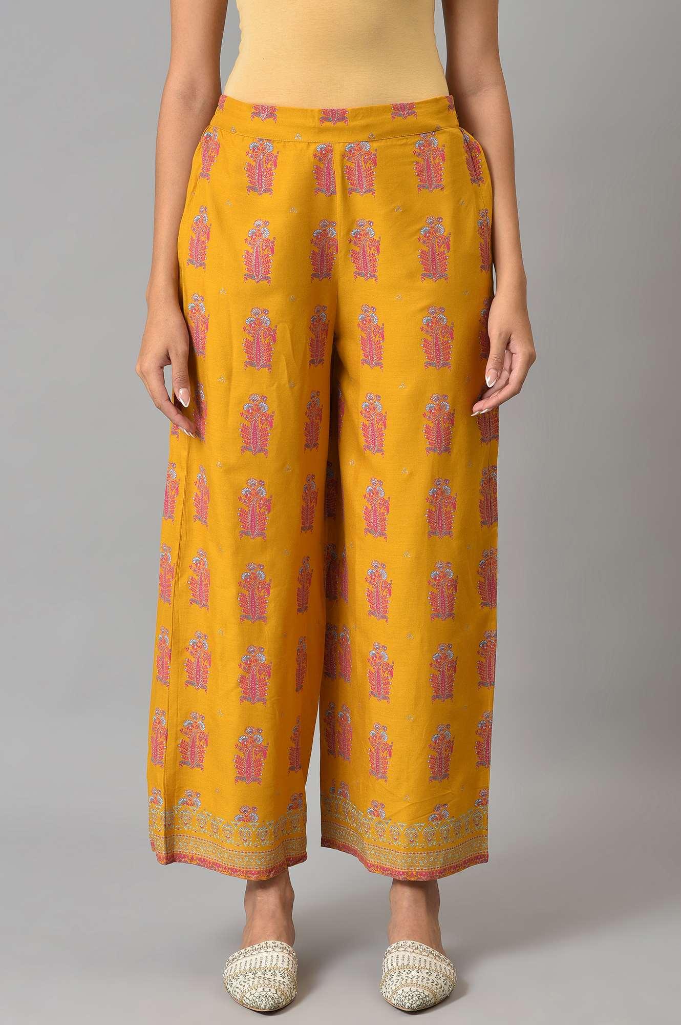 Mustard Rayon Printed Parallel Pants - wforwoman
