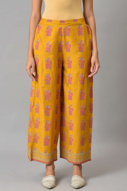 Yellow Thread Embroidery Rayon A-line Kurta and Parallel Pant Set