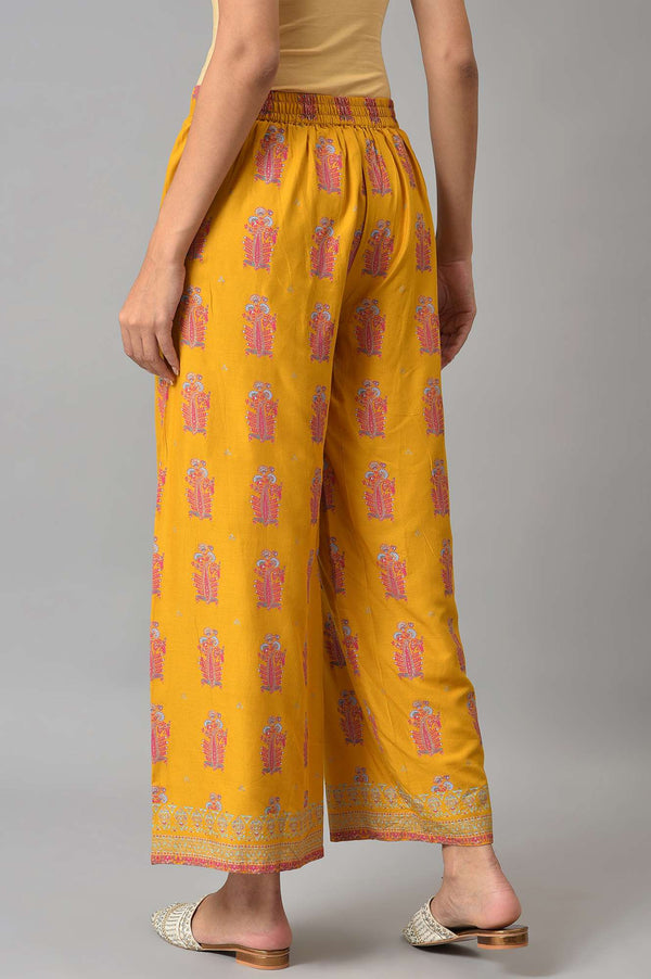 Yellow Thread Embroidery Rayon A-line Kurta and Parallel Pant Set