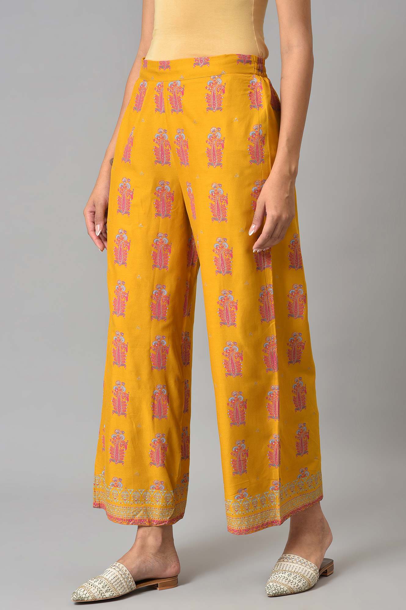 Yellow Geometric Printed Rayon A-Line Kurta and Parallel Pant Set