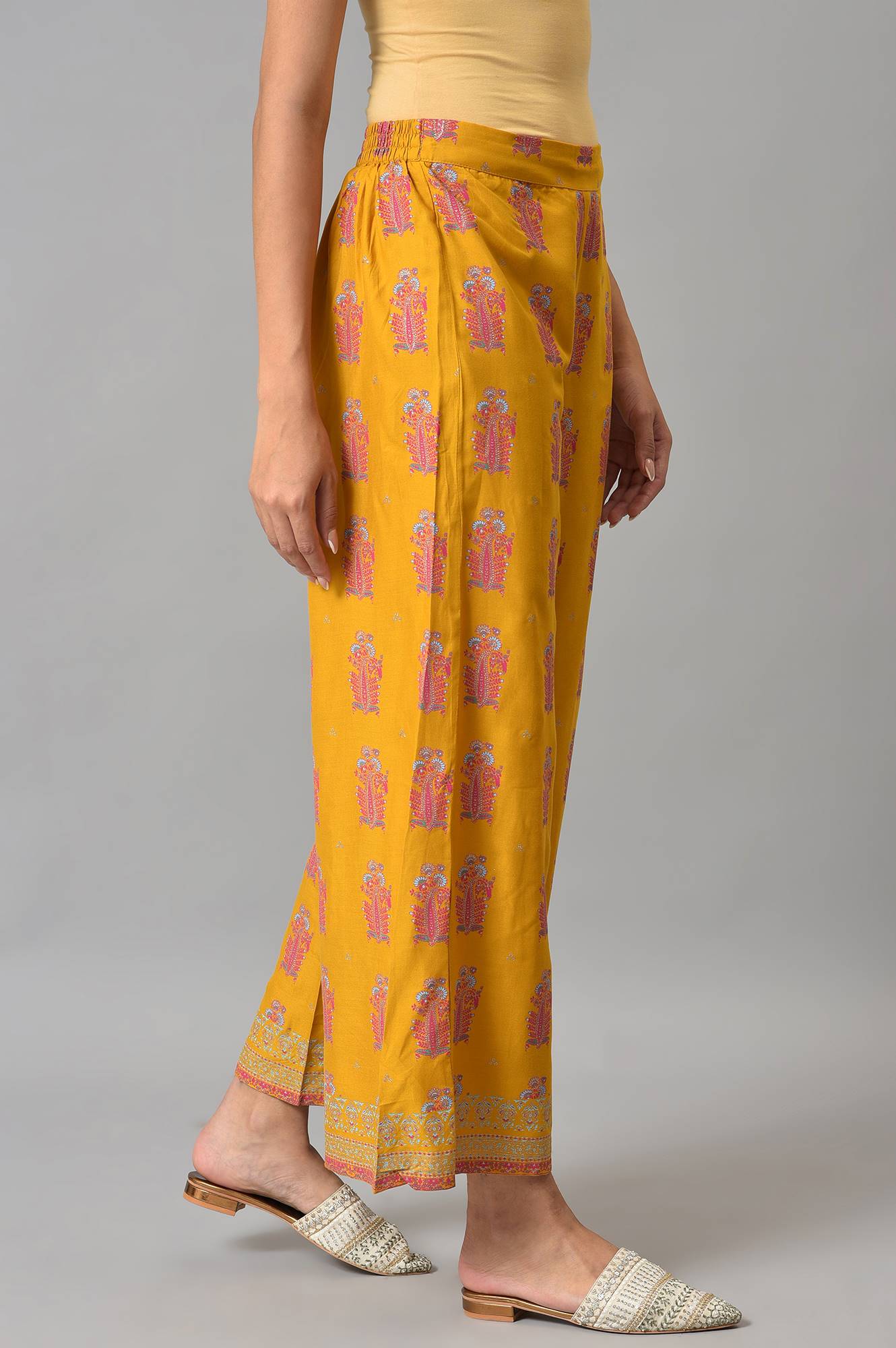 Yellow Metallic Embroidery Straight Kurta and Parallel Pant Set