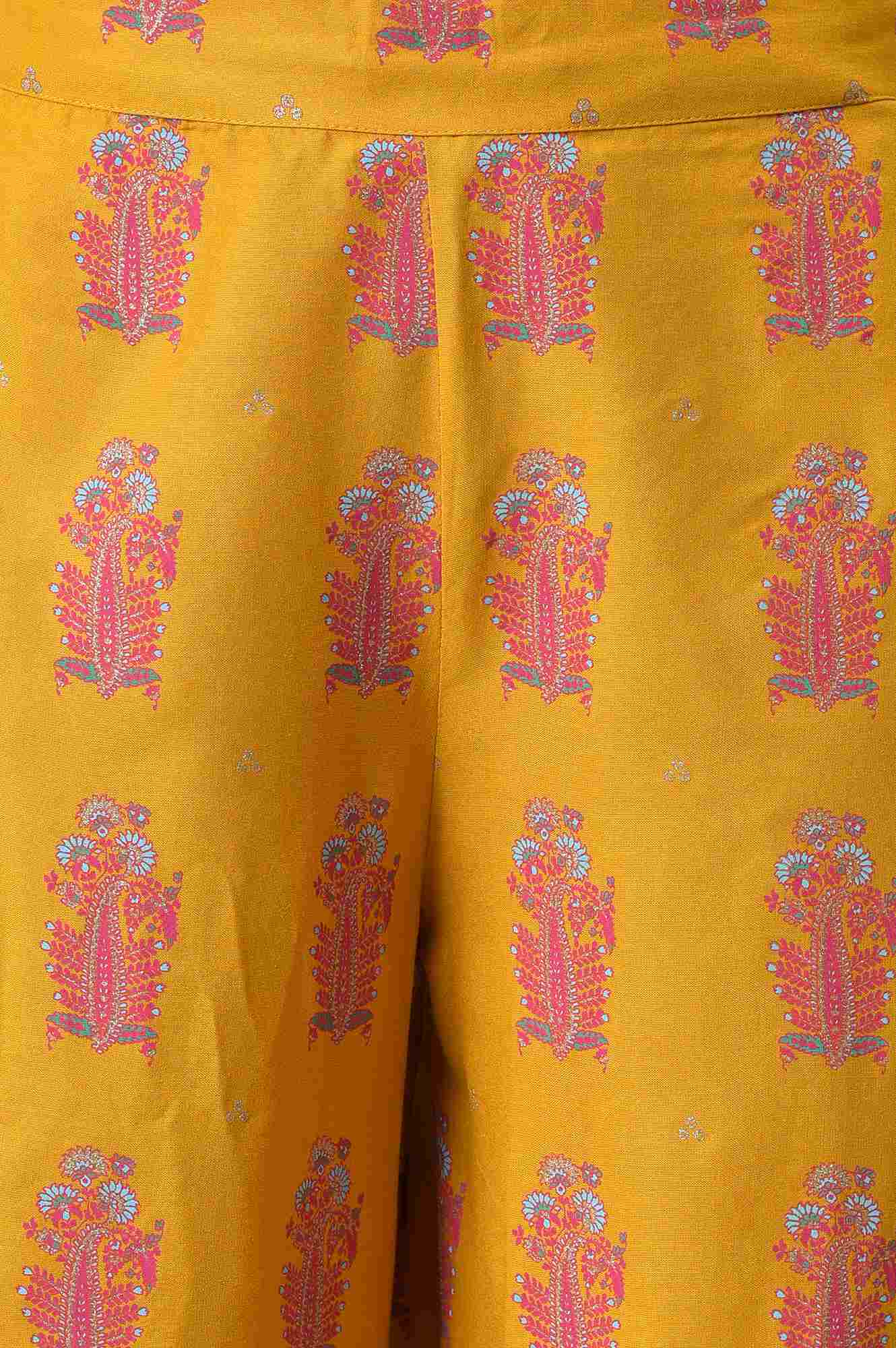 Yellow Geometric Printed Rayon A-Line Kurta and Parallel Pant Set