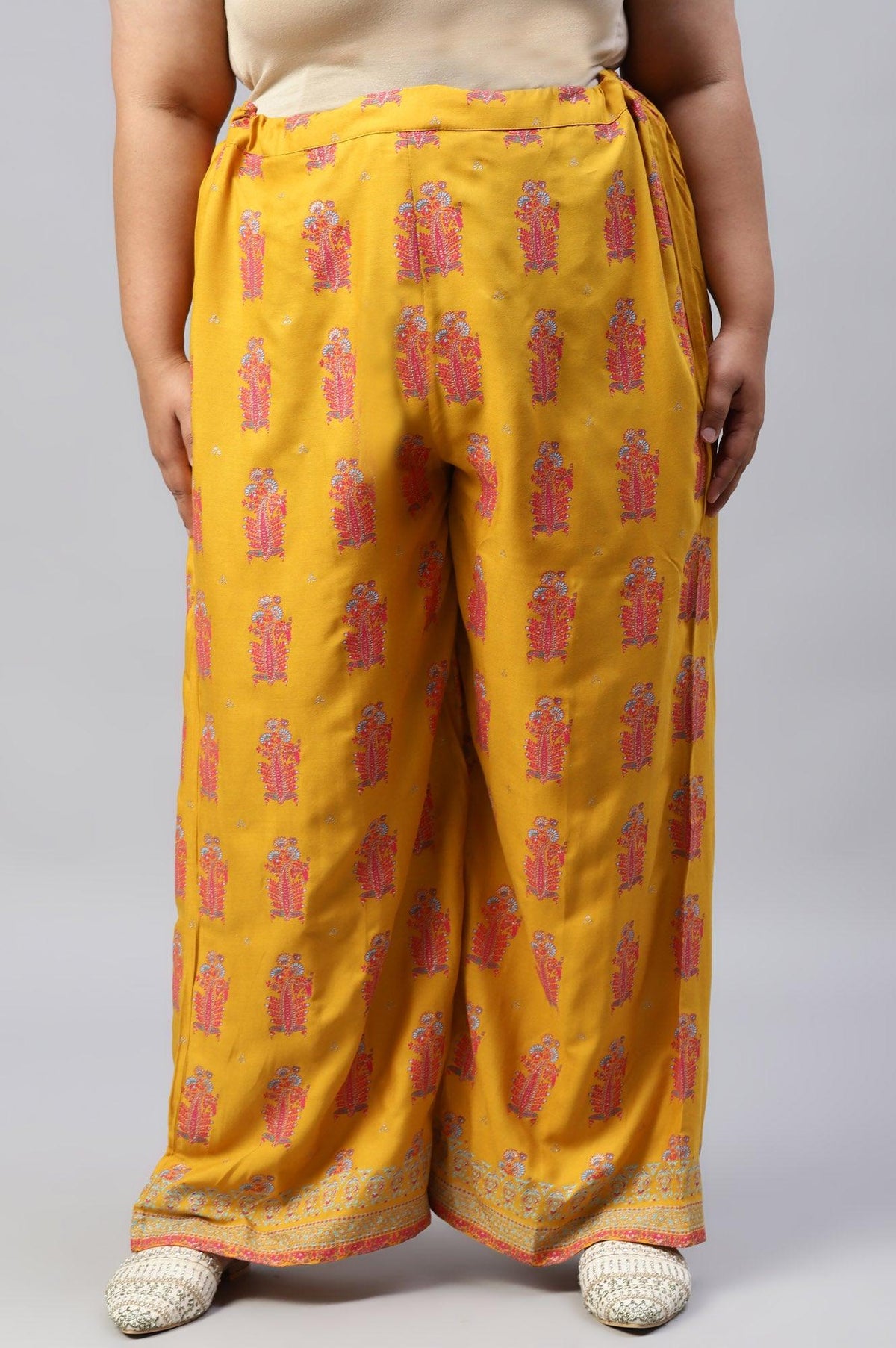 Plus Size Mustard Rayon Printed Parallel Pants - XS