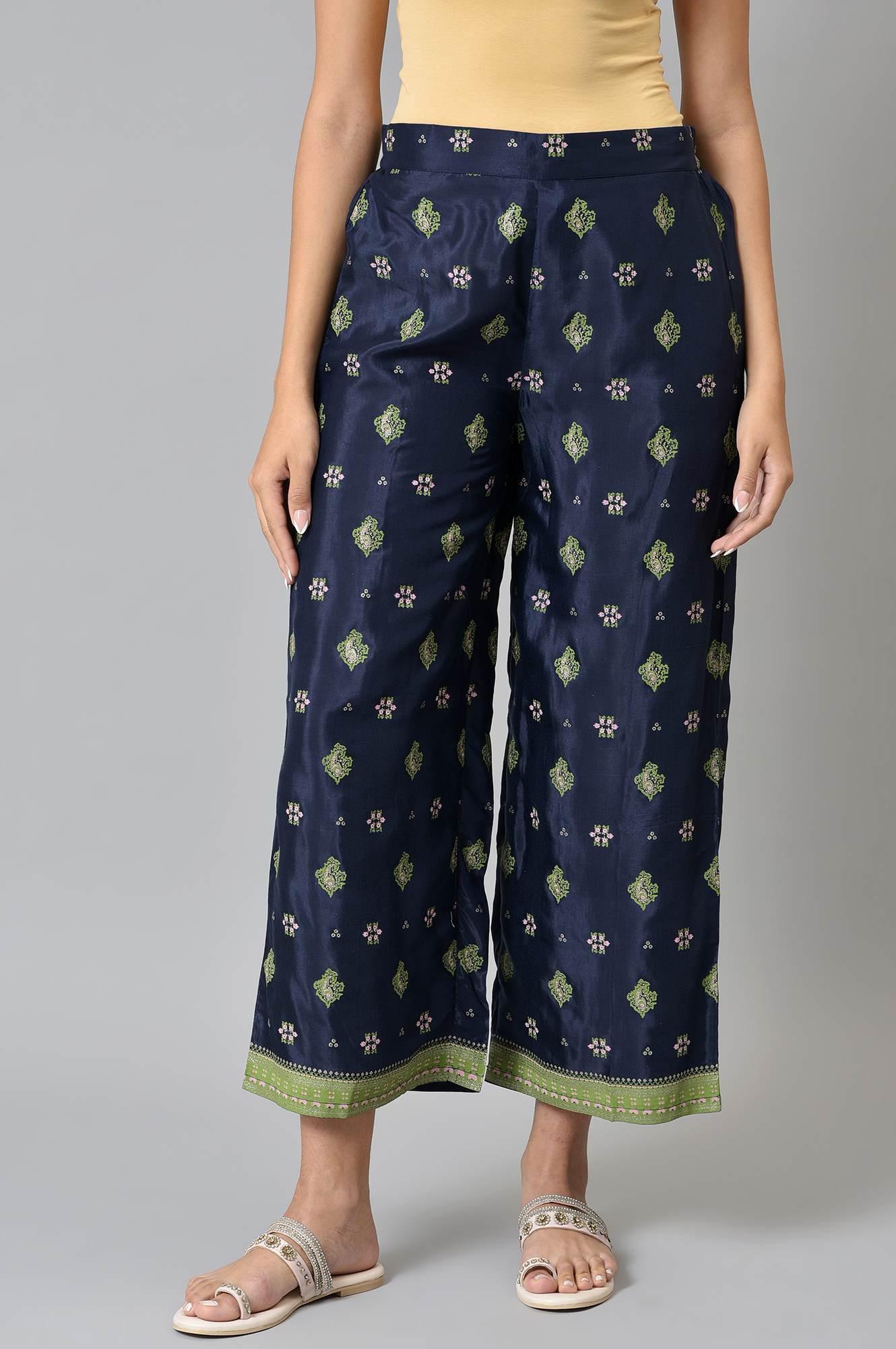 Blue Printed Shantung Parallel Pants - wforwoman