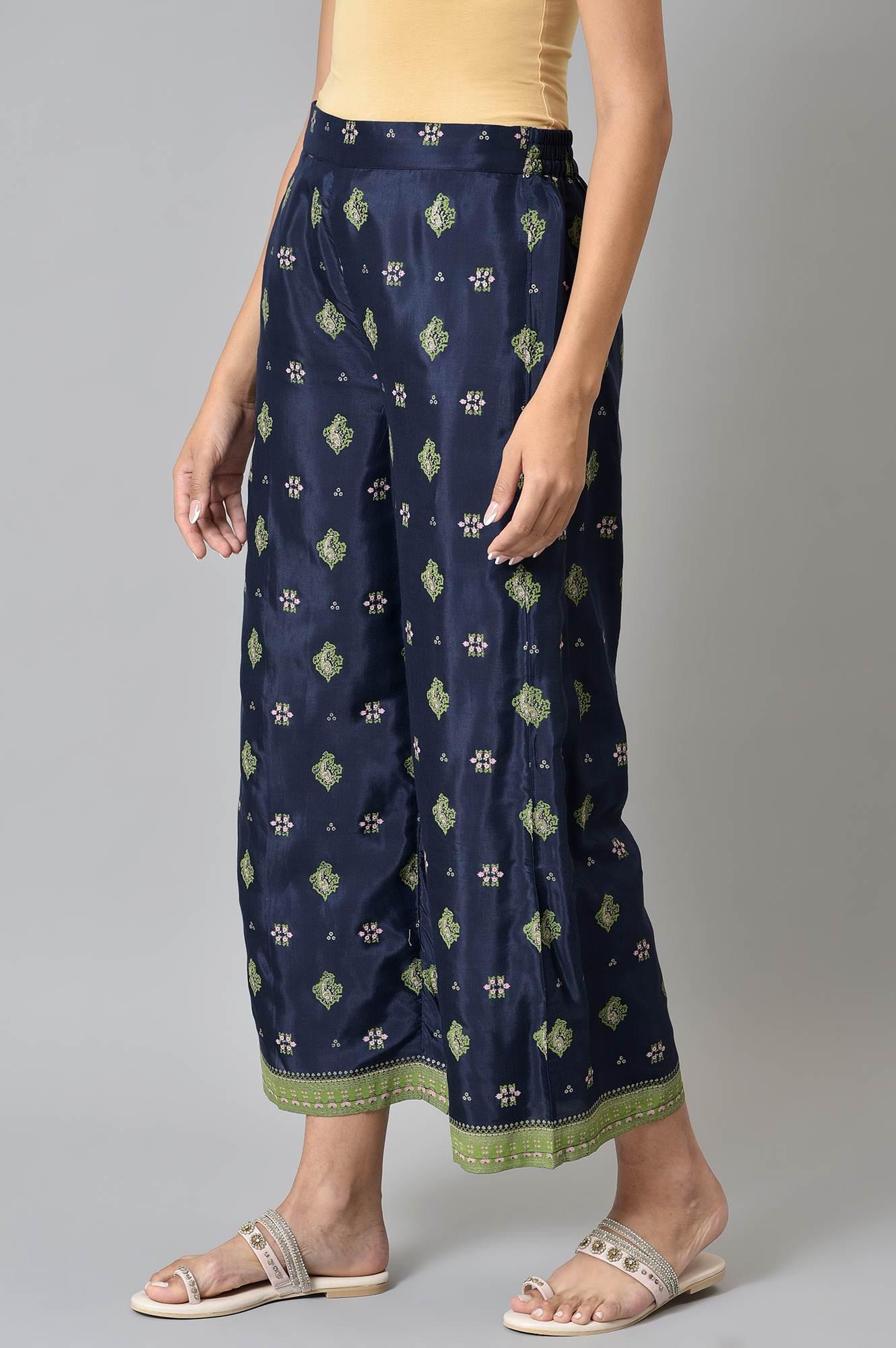 Blue Printed Shantung Parallel Pants - wforwoman