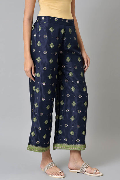 Blue Printed Shantung Parallel Pants - wforwoman