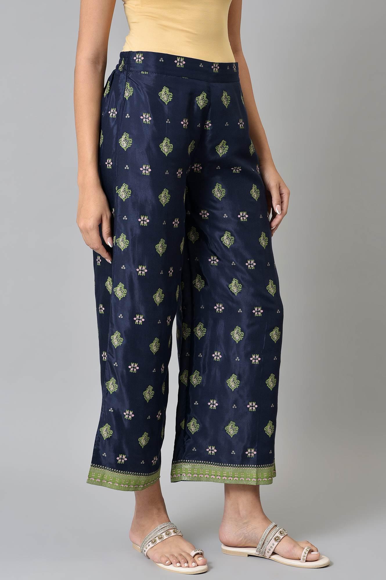 Blue Printed Shantung Plus Size Parallel Pants - wforwoman