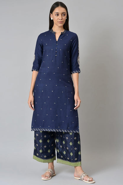 Blue Printed Shantung Parallel Pants - wforwoman