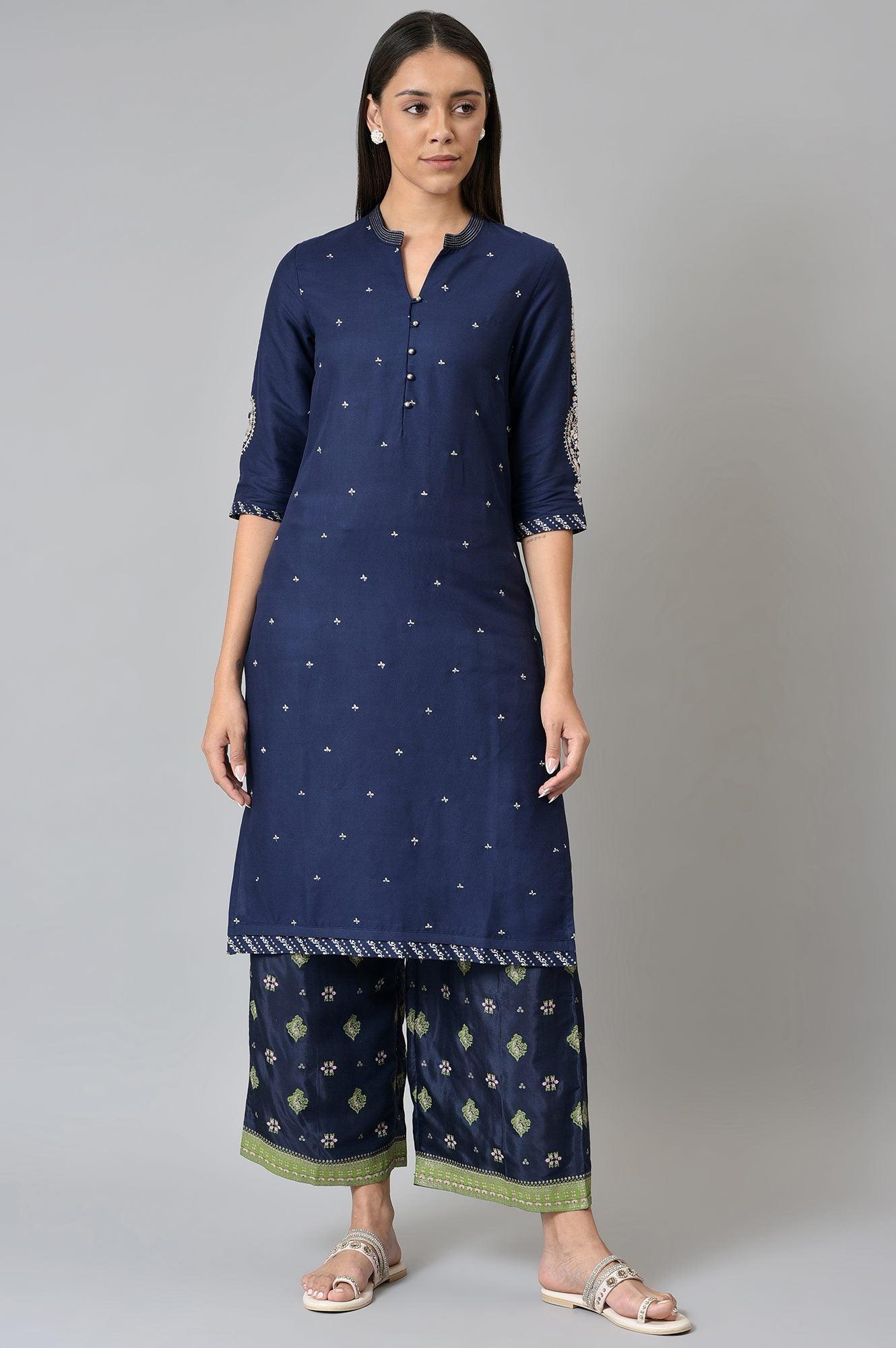 Blue Printed Shantung Plus Size Parallel Pants - wforwoman