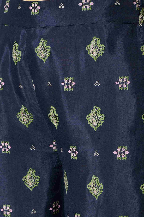 Blue Printed Shantung Plus Size Parallel Pants