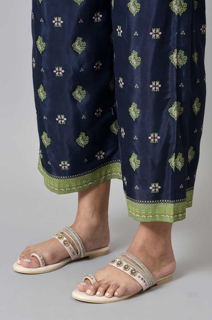 Blue Printed Shantung Parallel Pants - wforwoman