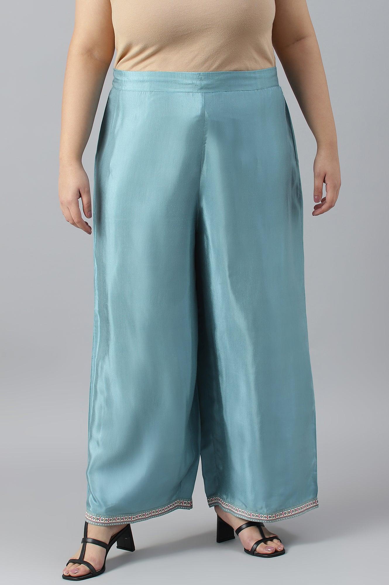 Plus Size Aqua Blue Shantung Straight Parallel Pants - wforwoman
