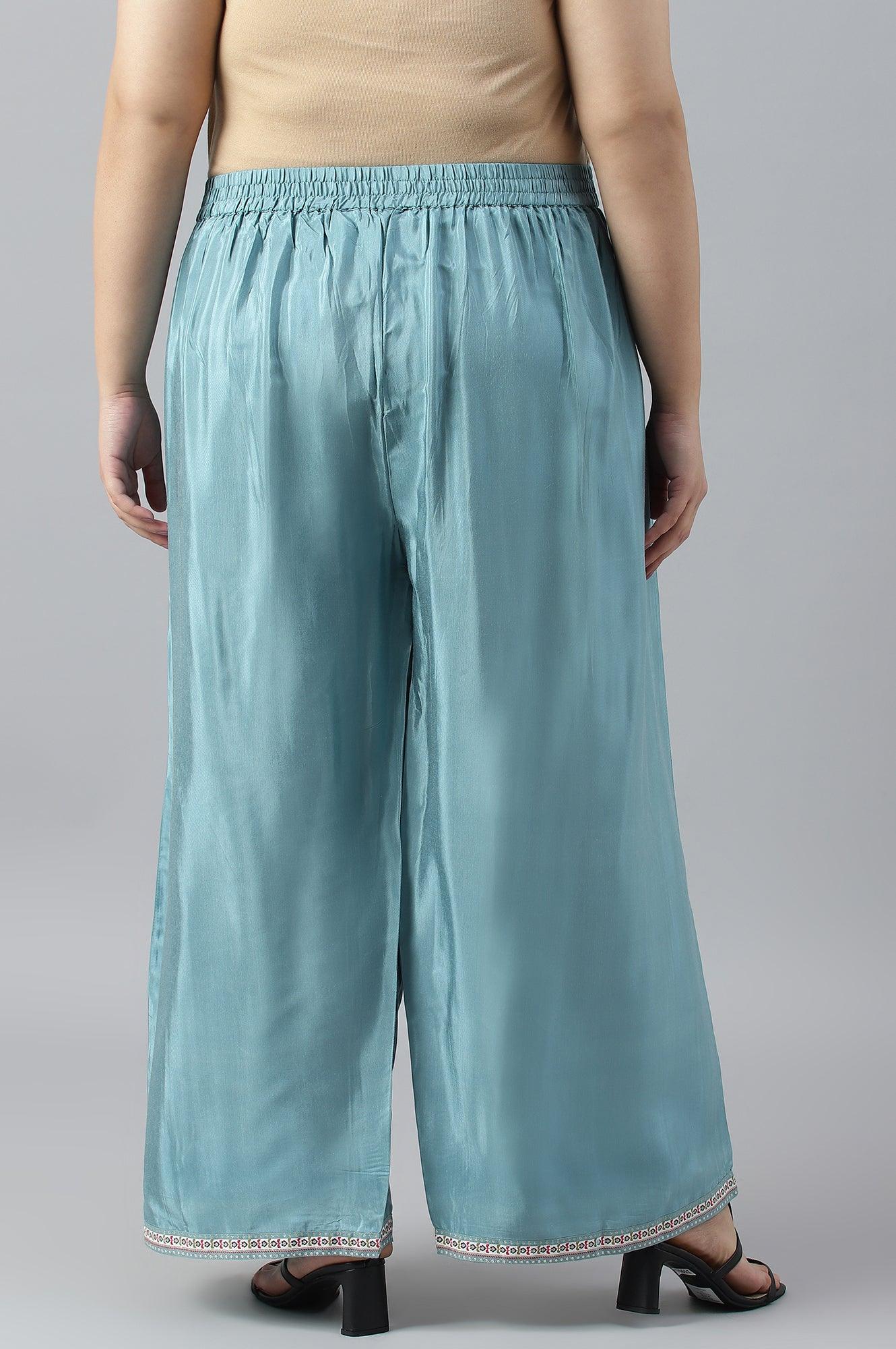 Plus Size Aqua Blue Shantung Straight Parallel Pants - wforwoman