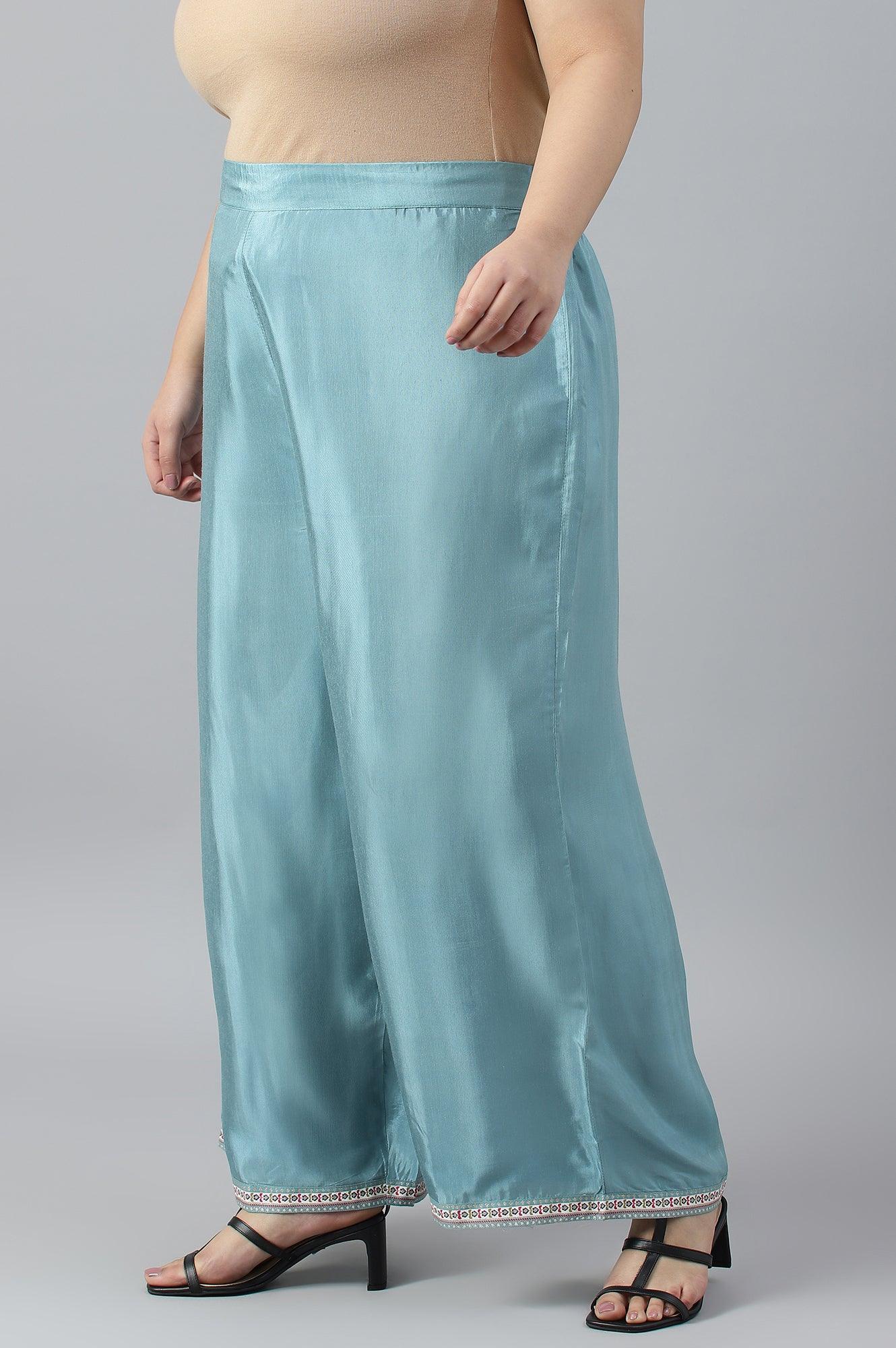 Plus Size Aqua Blue Shantung Straight Parallel Pants - wforwoman