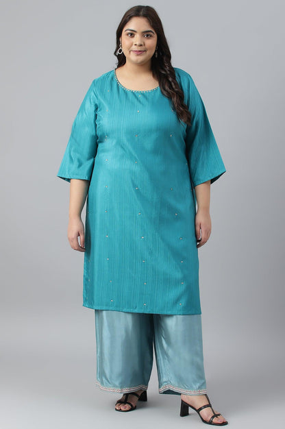 Plus Size Aqua Blue Shantung Straight Parallel Pants - wforwoman