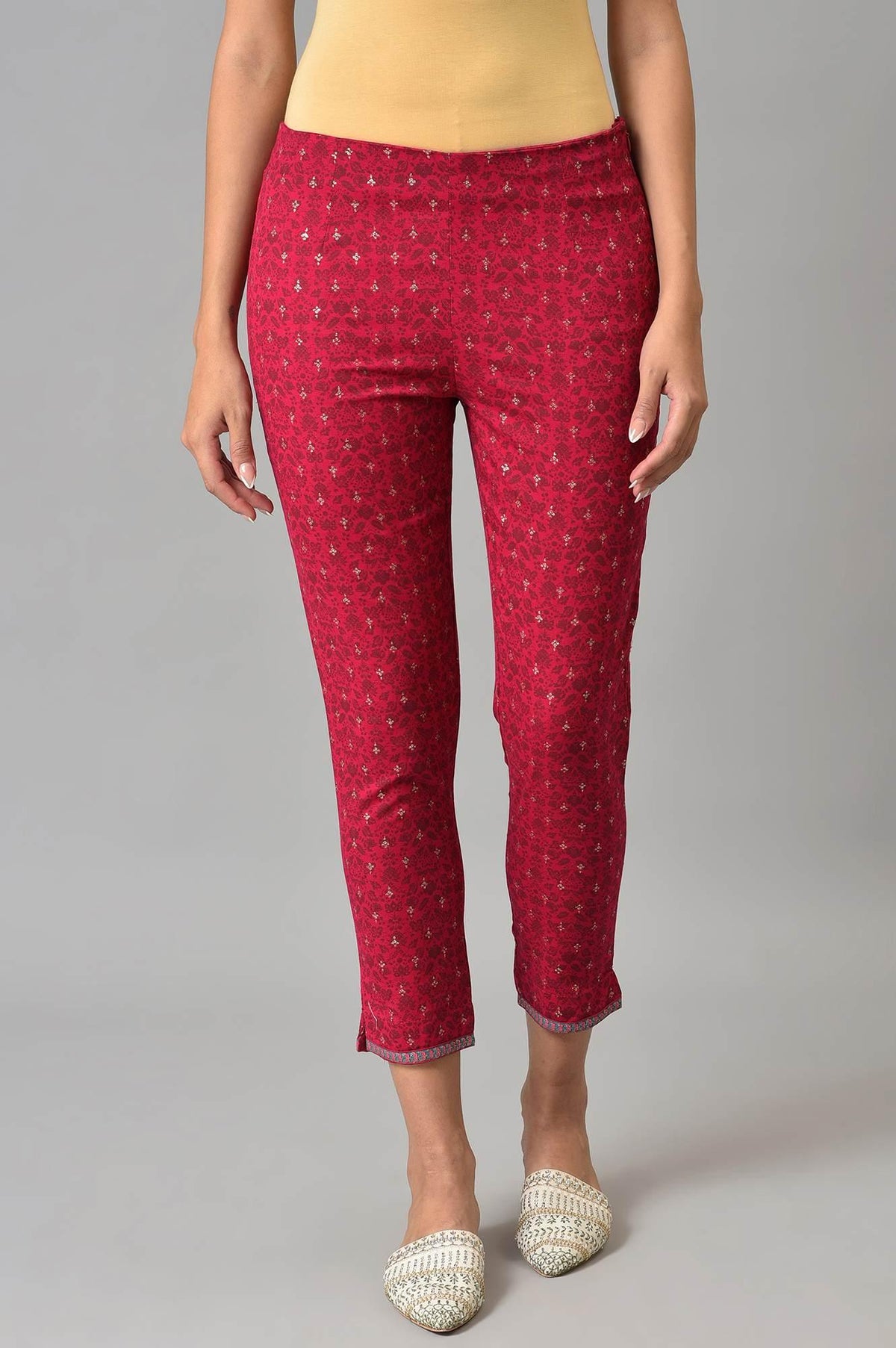 Fuchsia Pink Floral Printed Slim Pants - 3XL