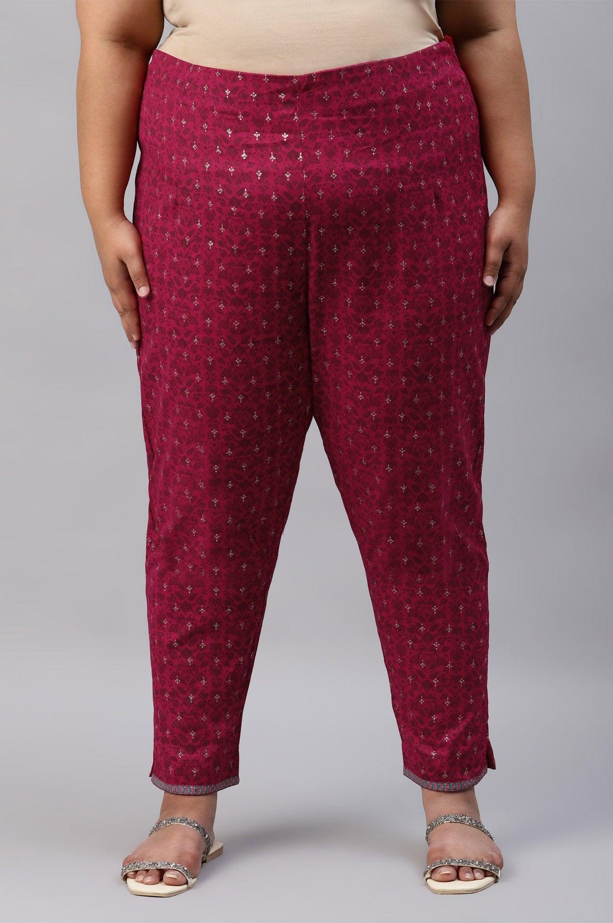 Plus Size Fuchsia Pink Floral Printed Slim Pants - 20