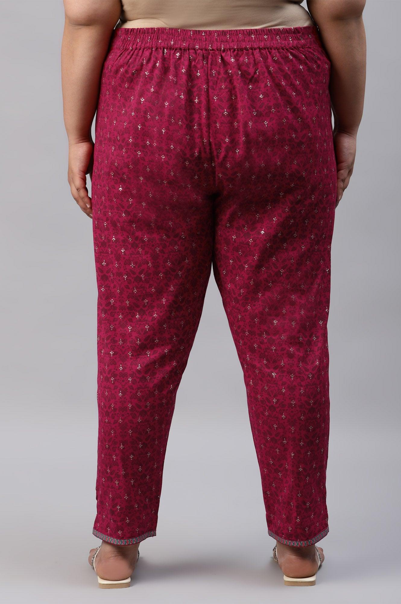 Plus Size Fuchsia Pink Floral Printed Slim Pants - wforwoman